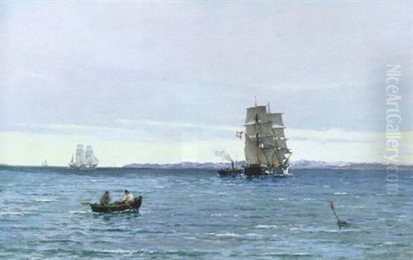Marine, Skibe Pa Havet Udfor Sneklaedt Kyst - view 1