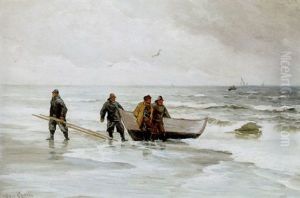 Fiskere Og Optrukken Bad Pa Stranden, I Horisonten Sejlskibe by Carl Locher