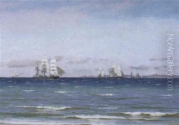 Marine Med Sejlskibe, I Baggrunden Den Svenske Kyst - view 1