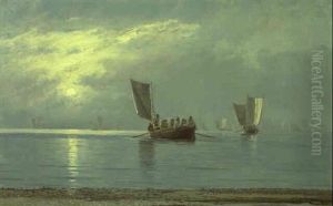 Marine Med Fiskerbade Udfor Skagen Strand, Aften I Maneskin by Carl Locher