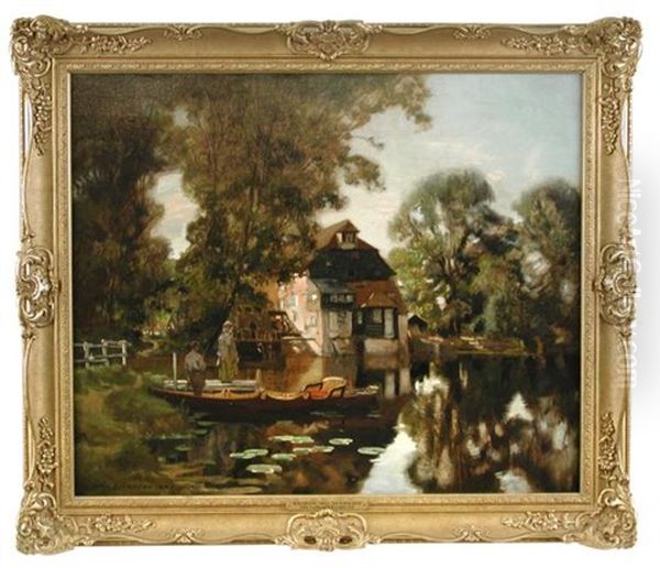 Houghton Mill, Huntingdon, With A Couple Punting In The Foreground - view 1