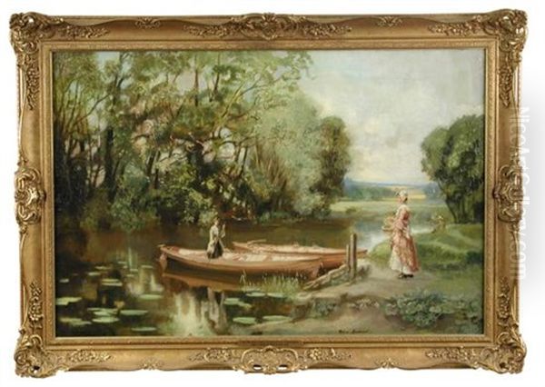 The River Ouse At Holywell, Huntingdon, With A Couple Punting - view 1