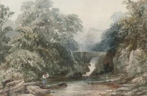 An Angler On A Riverbank Before A Waterfall An Angler On A Riverbank Before A Waterfall