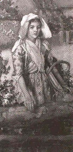 Three-quarter Length Portrait Of A Girl Carrying A Basket Of Flowers - view 1