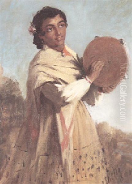 A Spanish Girl Playing A Tambourine - view 1
