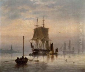 Estuary Scene With Man-o'-war At Anchor And Hay Barge by Charles Arthur Lodder