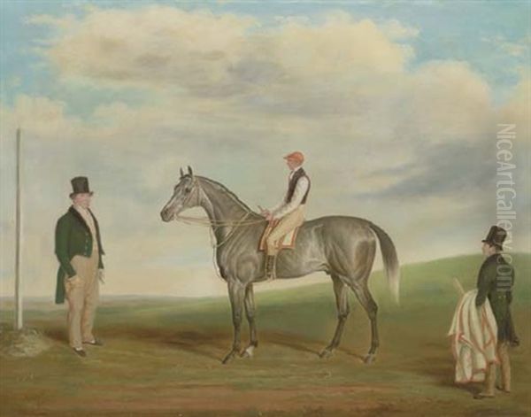 A Grey Racehorse With Jockey Up, With A Gentleman And A Stableboy - view 1