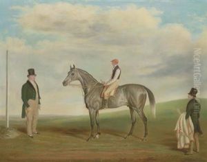 A Grey Racehorse With Jockey Up, With A Gentleman And A Stableboy