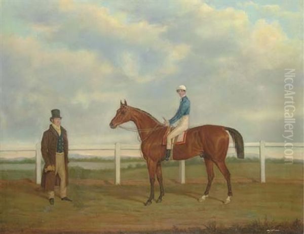 A Bay Racehorse With Jockey Up, And His Owner, On A Racecourse - view 1