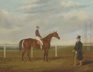A Bay Racehorse With Jockey Up, And His Owner, On A Racecourse (captain B. Davies's "merry Lass" With Reed Up, On Brecon Racecourse)