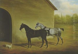 Carriage Horses Before A Coach House With A White Terrier