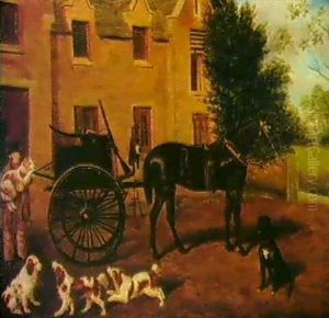 A Horse And Chaise With Spaniels In A Stable Yard