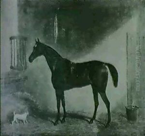 A Chestnut Hunter And Terrier In A Loose Box
