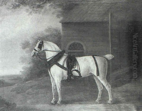 Portrait Of A Grey Coach Horse, Before A Stable, A          Landscape Beyond - view 1