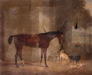A Bay Hunter Outside A House With A Bull Terrier, A Spaniel And A Pair Of Hounds by James Loder Of Bath