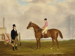 A Chestnut Racehorse With Jockey Up, And A Trainer, On A Racecourse by James Loder Of Bath