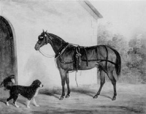 A Carriage Horse And A Spaniel Before Stables by James Loder Of Bath