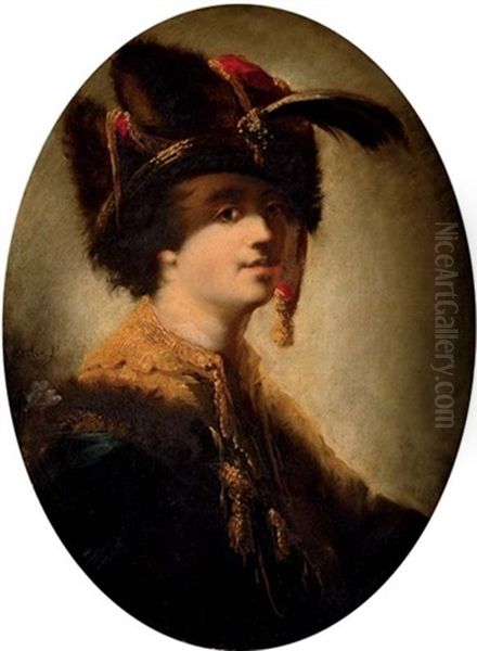 Portrait Of A Gentleman In A Golden Oriental Coat And Fur-trimmed Cloak, With A Fur Hat Adorned With A Plume - view 1