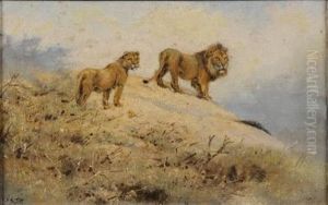 Lion And Lioness In Savannah Landscape by George Edward Lodge
