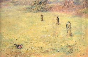 Peregrines On Blocks With A Chaffinch, The Artist's Garden by George Edward Lodge