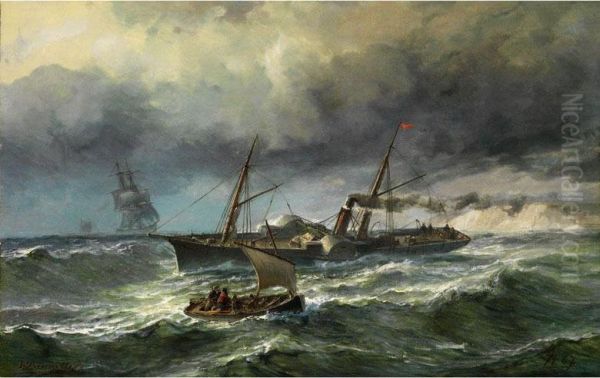 Marinebild Mit Einem Segeldampfer Aufbewegter See Mit Wellen - view 1