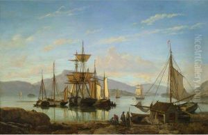 Ships In A Harbor by Johan Jacob Bennetter