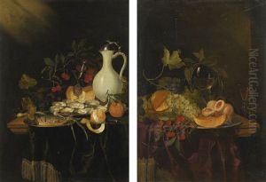 Still Life Of Oysters And A Fish, A Peeled Lemon, Cherries, A Facon De Venise Glass And A Mounted Faience Jug On A Partially-draped Table; Still Life Of A Melon, Grapes, Peaches And A Glass Roemer On A Partially-draped Table by Harmen Loeding