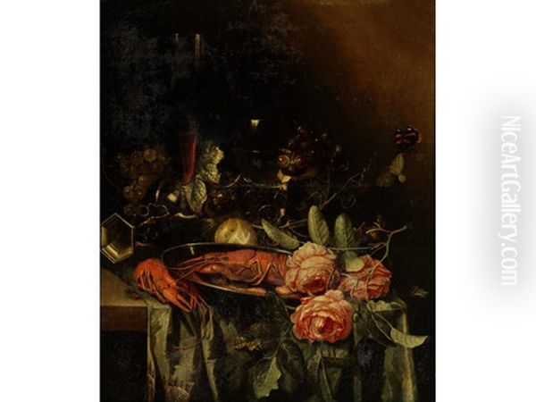 A Still Life Of Crayfish And Roses On A Pewter Plate, Grapes, A Roemer, A Tall Glass Beaker Of Red Wine, A Partly Peeled Lemon, An Overturned Pewter Cup And A Butterfly On A Green Cloth Draped On A Marble Ledge - view 1