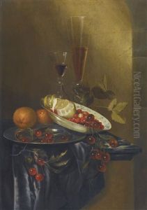 Still Life With Cherries, Lemons, Fraises-de-bois, Oranges And Two Fine Wine Glasses, All Upon A Marble Table Partly Draped With A Silk Cloth by Harmen Loeding