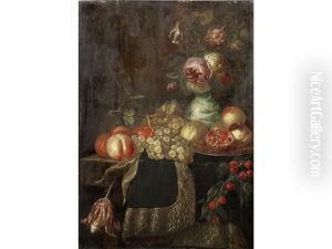 Roses And Other Flowers In A Kraak Porcelain Vase, On A Draped Table, With Pomegranates, Peaches, Cherries And Other Fruit Roses And Other Flowers In A Kraak Porcelain Vase, On A Draped Table, With Pomegranates, Peaches, Cherries And Other Fruit