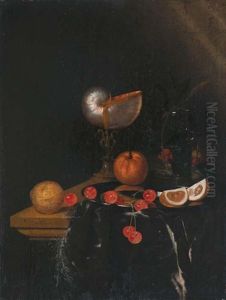 Nature Morte Au Nautile, Orange, Cerises, Citron, Roemer Et Fraises Des Bois Sur Un Entablement Garni D'un Tapis Frange by Harmen Loeding