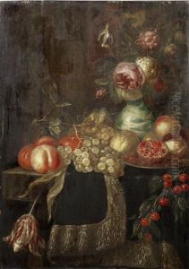 Roses And Other Flowers In A Kraak Porcelain Vase, On A Draped Table, With Pomegranates, Peaches, Cherries And Other Fruit Roses And Other Flowers In A Kraak Porcelain Vase, On A Draped Table, With Pomegranates, Peaches, Cherries And Other Fruit