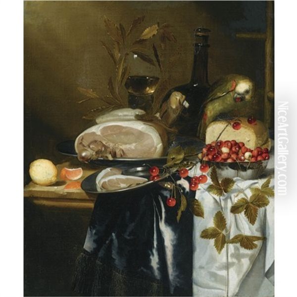 Still Life Of A Ham On A Pewter Plate, A Loaf Of Bread, Wild Strawberries In A Silver Bowl, A Roemer And A Glass Flask, A Branch Of Cherries, A Lemon And A Sliced Orange, All Arranged On A Partly Draped Table, Together With A Parrot - view 1