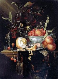 Still Life Of A Peeled Lemon With Prawns And Whitecurrants On A Pewter Dish, With Peaches And Fraises-de-bois In A Blue-and-white Porcelain Bowl, Cherries And A Roemer, All Upon A Partly Draped Table by Harmen Loeding