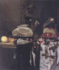 Nature Morte Au Jambon, Plat De Cerises Et Fraises, Bouteille, Animee D'un Perroquet Nature Morte Au Jambon, Plat De Cerises Et Fraises, Bouteille, Animee D'un Perroquet
