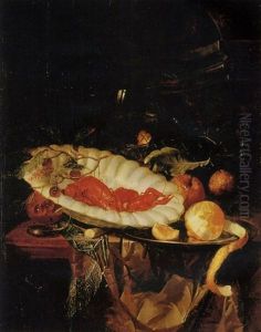 Lobsters And Cherries In A Porcelain Bowl, A Partly-peeled Lemon On A Pewter Platter, A Small Silver Box, A Roemer And Oranges On A Table Ledge by Harmen Loeding