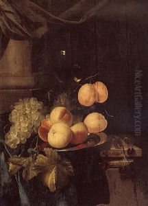 Still Life Of Grapes, Peaches And Plums On A Silver Plate, Cherries And A Roemer, All Set On A Draped Table by Harmen Loeding