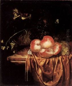 Still Life Of Peaches And Grapes With A Roemer Upon A Ledge Draped With A Brown Cloth Still Life Of Peaches And Grapes With A Roemer Upon A Ledge Draped With A Brown Cloth