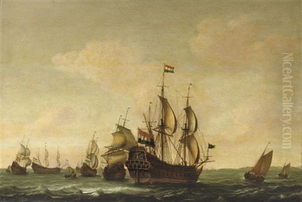 A Man O'war With Other Shipping In Choppy Waters - view 1