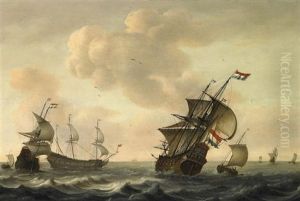 Marine. Dreimaster Und Piken Bei Frischer Brise. Im Stern Der Rechten Fregatte Ein Admiral by Jacob Gerritz Loef