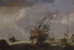 A Dutch Man-o-war And Other Ships In Stormy Seas by Jacob Gerritz Loef