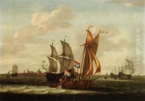A Kaag, Small Cargo Ships And Other Vessels On The Zuiderzee With A View Of Hoorn In The Background by Jacob Gerritz Loef