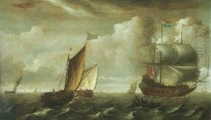 A Man Of War And Dutch Shipping Vessels On The Zuider Zee by Jacob Gerritz Loef