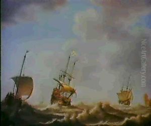 Zwei Dreimaster Und Ein Fischerboot Auf Bewegter See. by Jacob Gerritz Loef