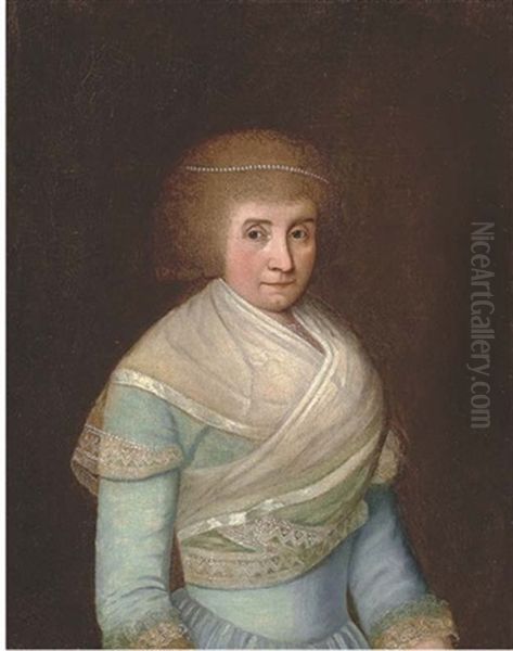 Portrait Of A Lady In A Blue Dress With A White Wrap, A Pearl Tiara In Her Hair (+ Portrait Of A Gentleman In A Green Coat; Pair) - view 1