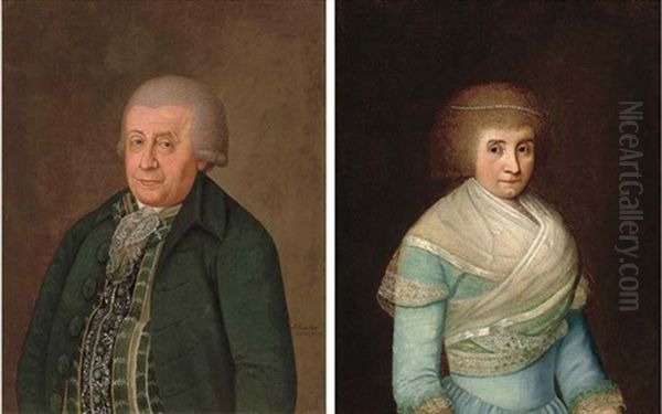 Portrait Of A Gentleman, Standing, In A Green Coat (+ Portrait Of A Lady, Standing, In A Blue Dress With A White Wrap, A Pearl Tiara In Her Hair, 1793, Signed; Pair) - view 1