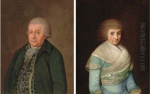 Portrait Of A Gentleman, Standing, In A Green Coat (+ Portrait Of A Lady, Standing, In A Blue Dress With A White Wrap, A Pearl Tiara In Her Hair, 1793, Signed; Pair)