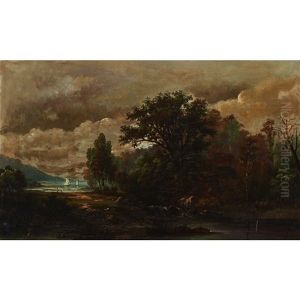 River Landscape With Figures Fishing On Shore Watching Boats by Alexander Francois Loemans