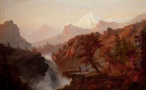 In The Rockies (indians At Waterfall) by Alexander Francois Loemans