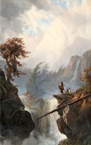 Vista With Native Americans On An Outcropping (+ View Of The Canadian Rockies At Dusk; 2 Works) by Alexander Francois Loemans